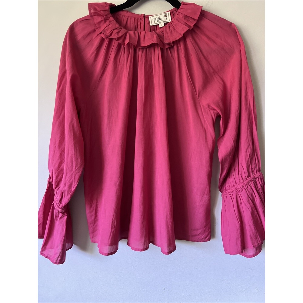 Mille Resort & Travel Pink Blouse Ruffle Neck Balloon Sleeve Pink Size Small S